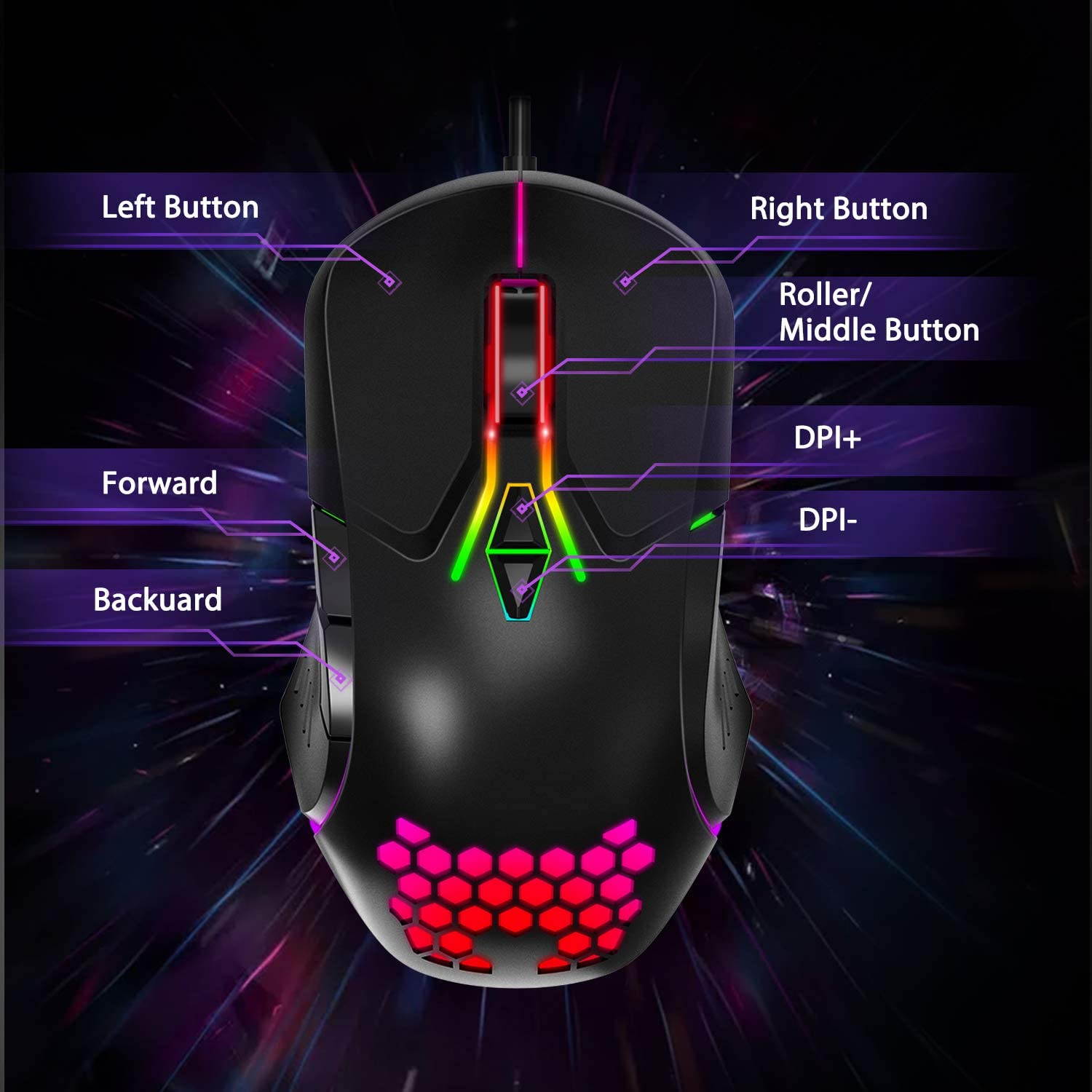 Gaming Mouse Wired, RGB Backlit 6400 DPI Adjustable Gaming Mouses, Grip Ergonomic Optical PC Computer Gaming Mice, 7 Buttons for Windows 7/8/10/XP Vista Linux