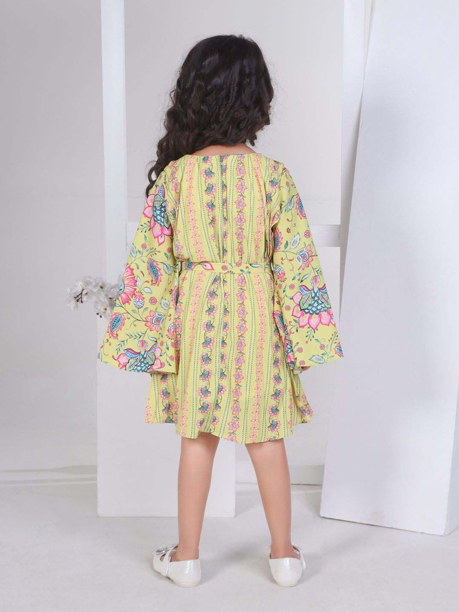 Peppermint Girls Green Floral Full Sleeves Dress