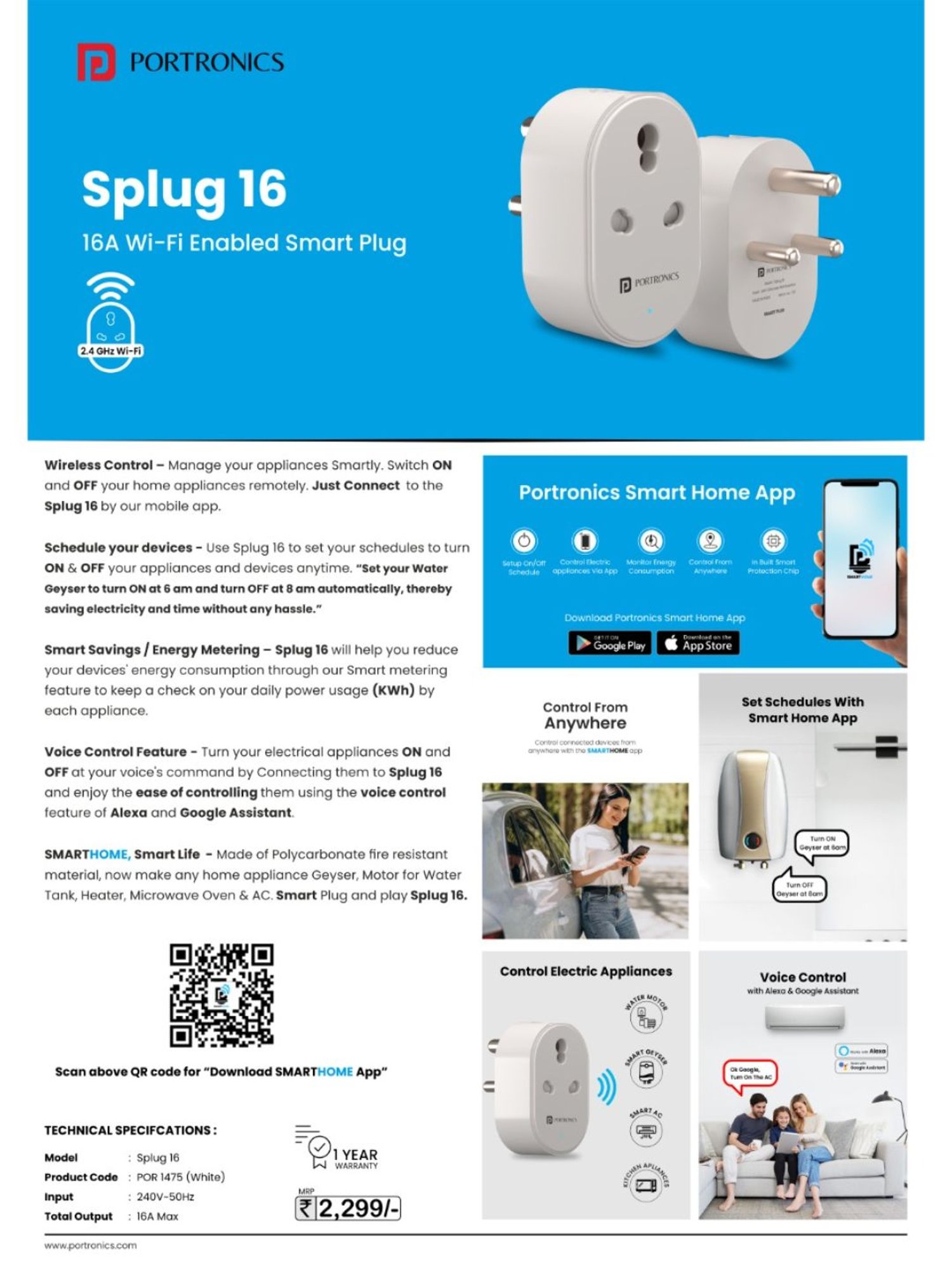 Portronics Splug 16 Wifi 16A Smart Plug (White)