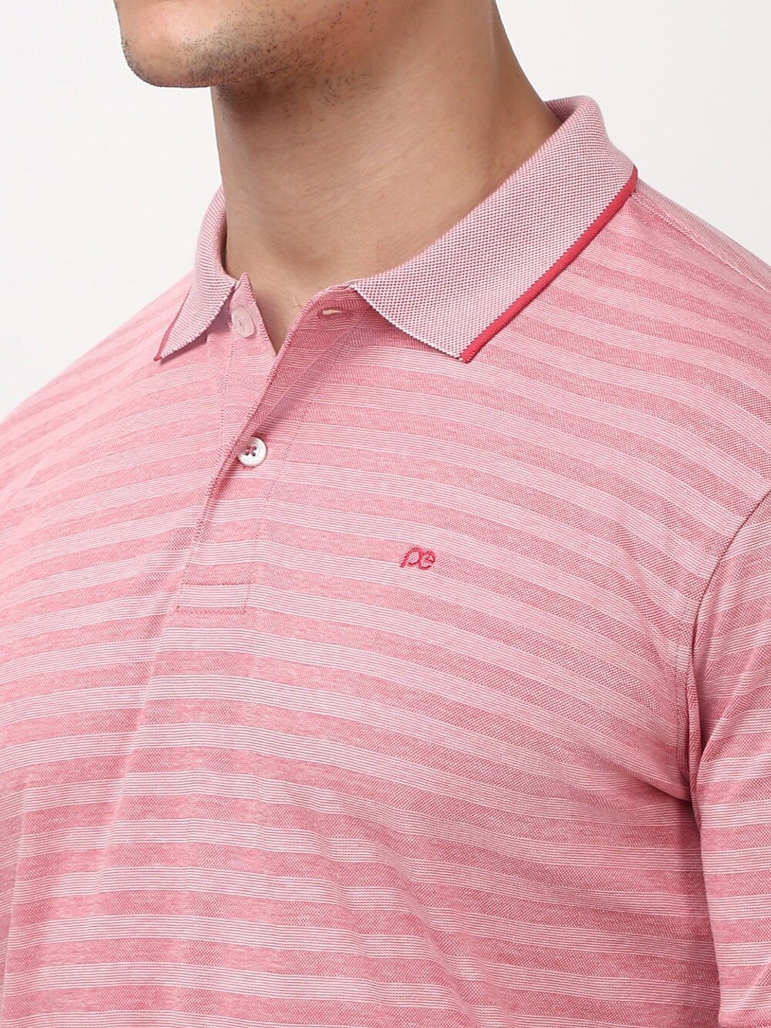 Peter England Pink Regular fit Stripes Casual Polo T-Shirt