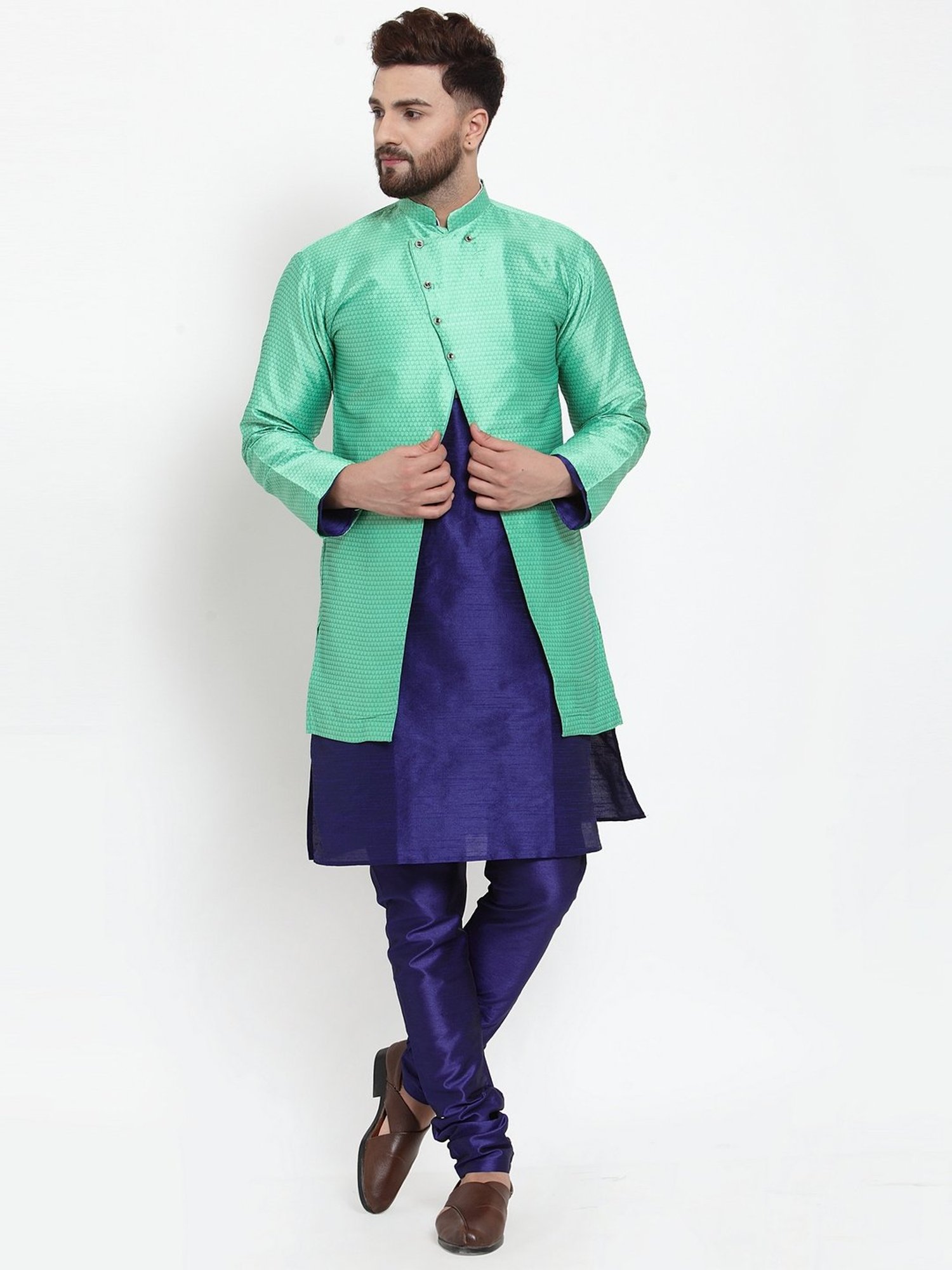 Benstoke Royal Blue & Green Regular Fit Self Pattern Kurta Set With Jacket