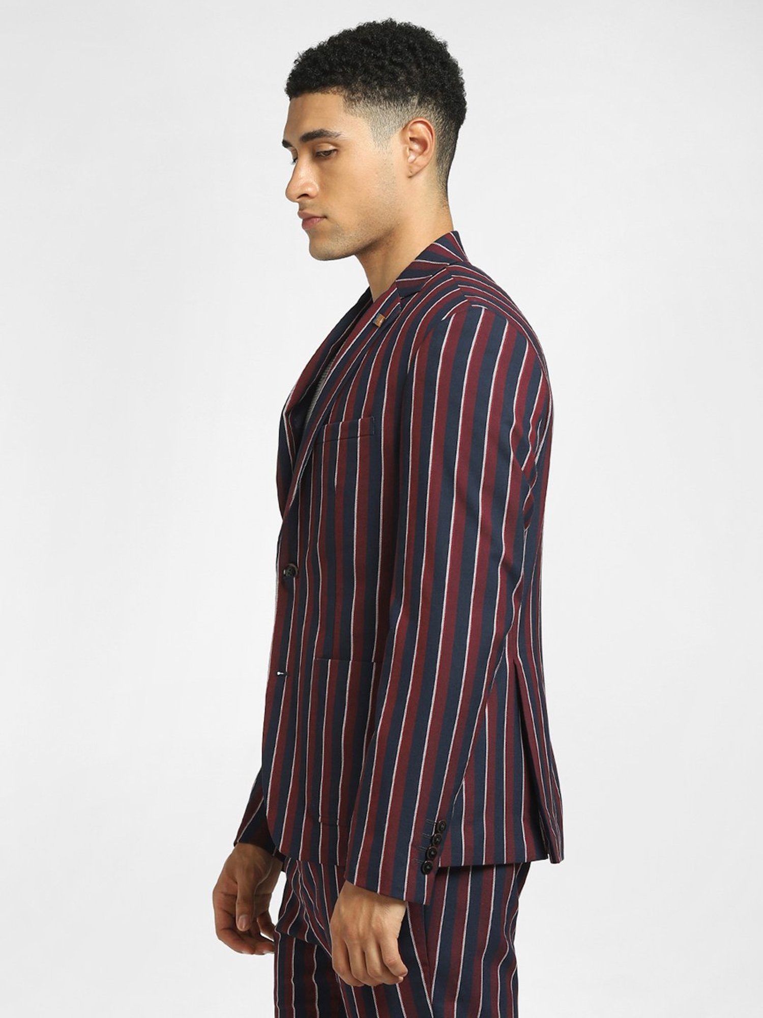 Jack & Jones Maroon & Blue Slim Fit Striped Blazers