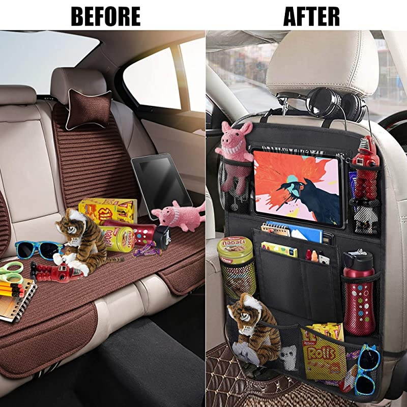 Car Backseat Organizer with 10 Table Holder 9 Storage Pockets Seat Back Protectors Kick Mats for Kids Toddlers Travel Accessories Black 2 Pack
