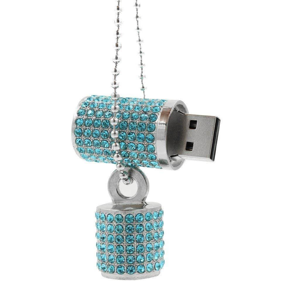 WooTeck USB Flash Drive,Bling Rhinestone Diamond Crystal Glitter Lipstick Case Shining Jewelry Necklace,64GB,Lake Blue