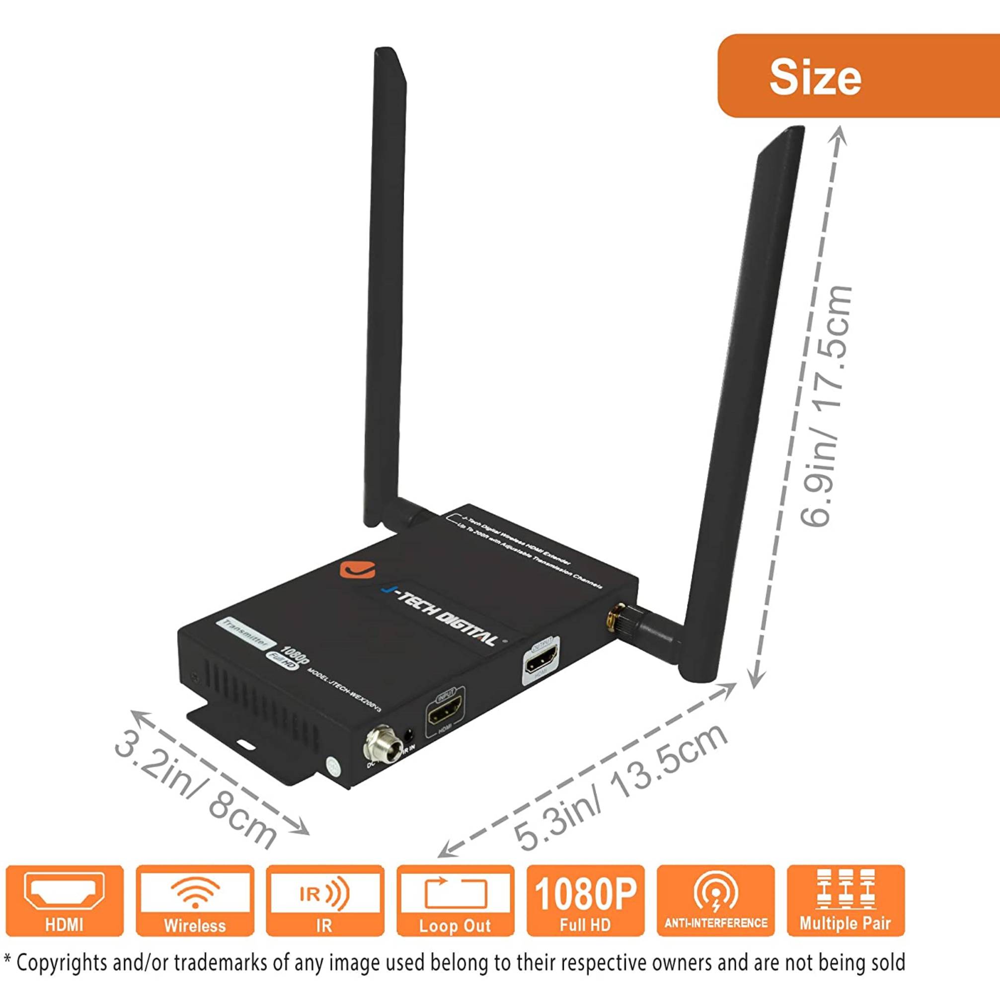 J-Tech Digital FHD 1X2 Wireless HDMI Extender 200' Dual Antenna Supporting Full HD 1080p with HDMI Loop Output IR Passthrough [JTECH-WEX200V3]
