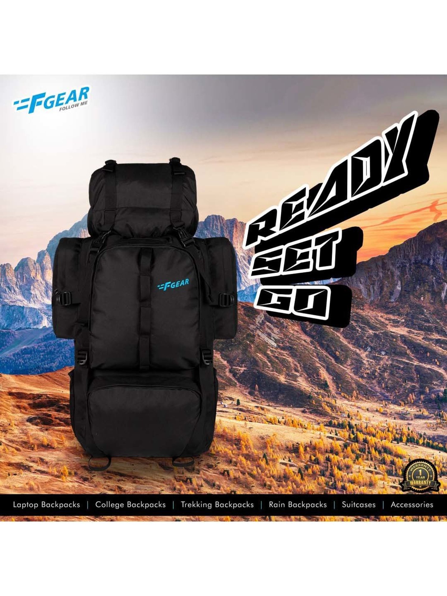 F Gear 58 Ltrs Black Large Rucksack Backpack