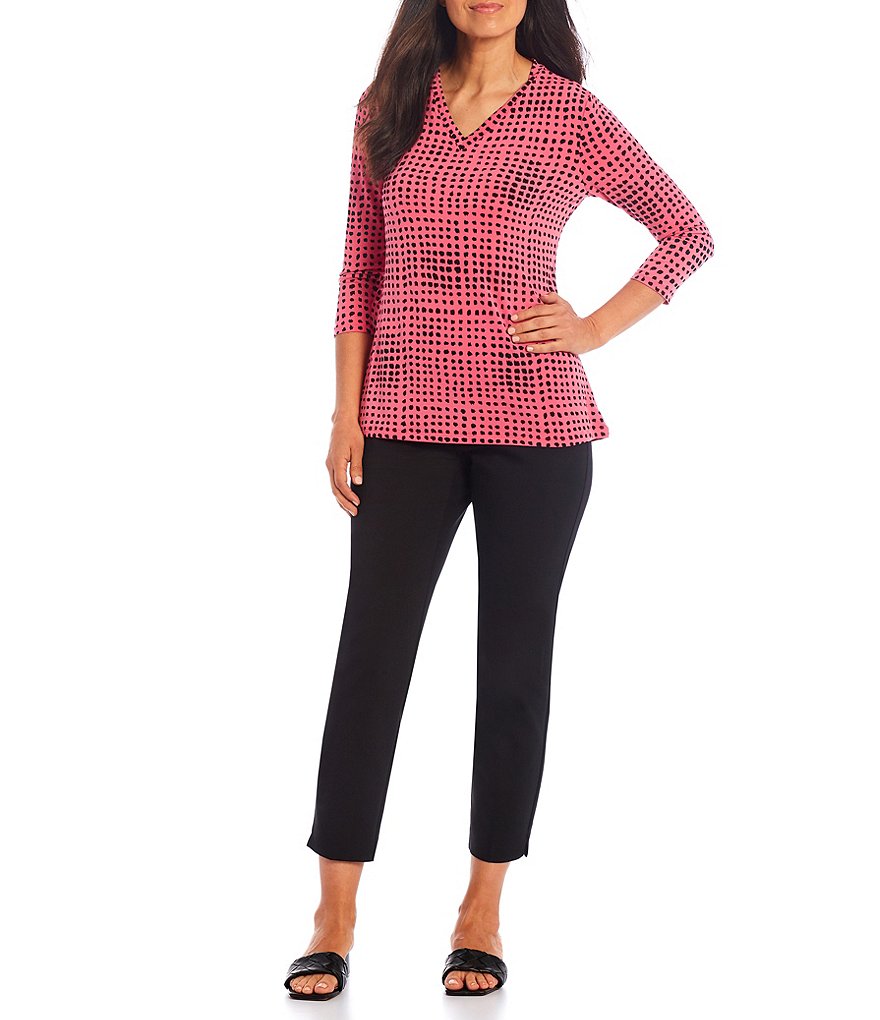 Investments 3/4 Sleeve Dot Print V-Neck Top