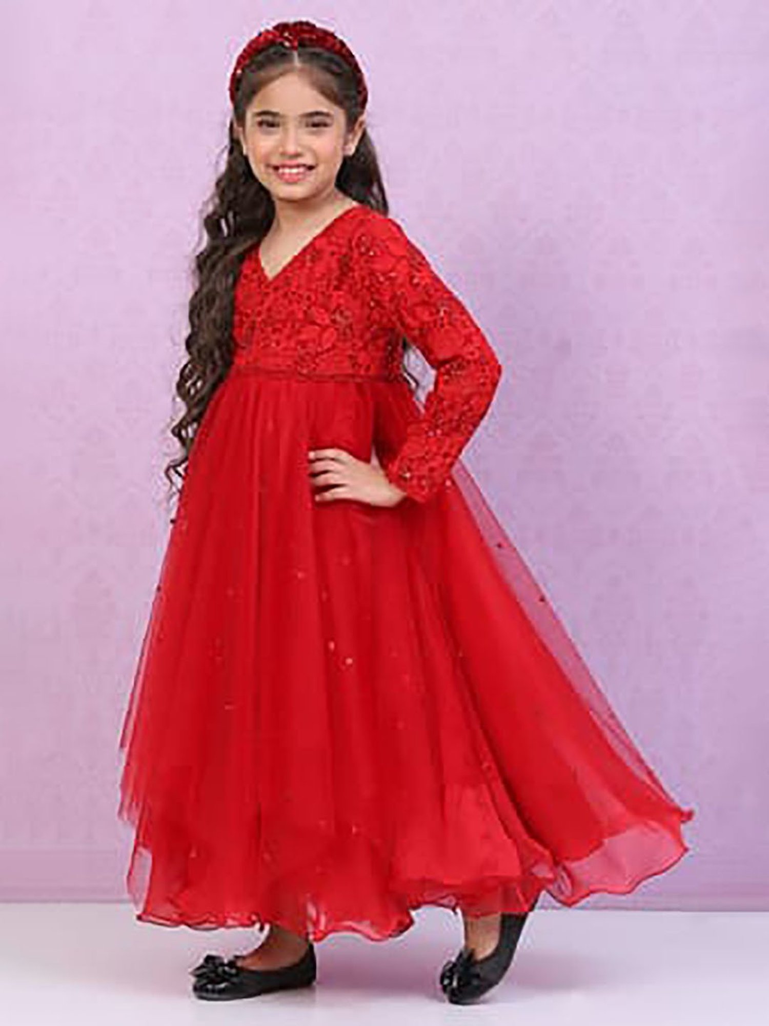 BIBA Girls Red Embroidered Full Sleeves Gown