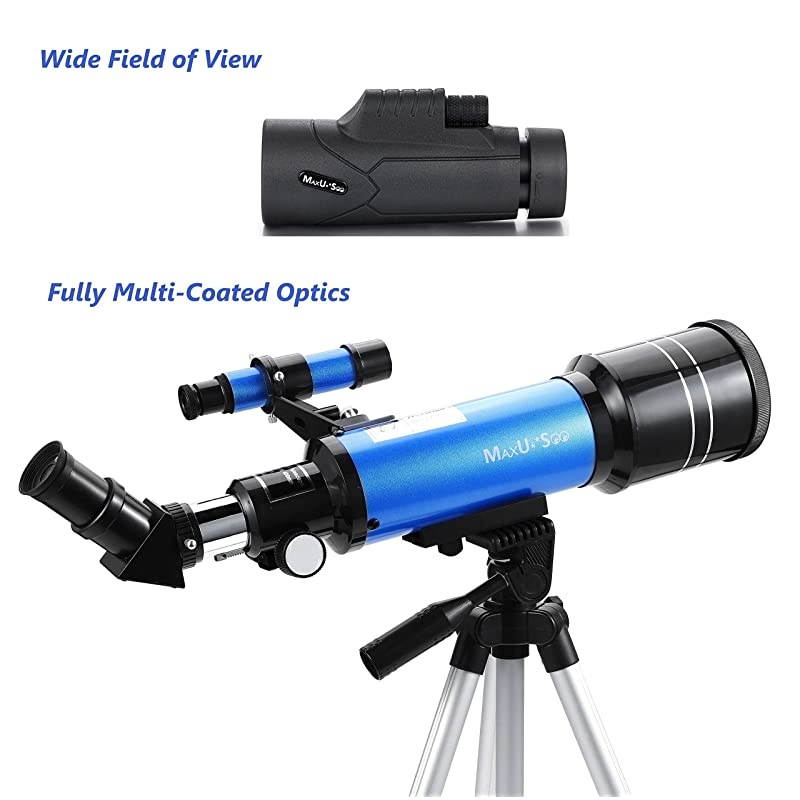 70mm Refractor Telescope with Adjustable Tripod for Kids Adults amp Beginners + Portable 10X42 HD Monocular Bak4 Prism FMC Lens Travel Scope with Backpack and Phone Adapter