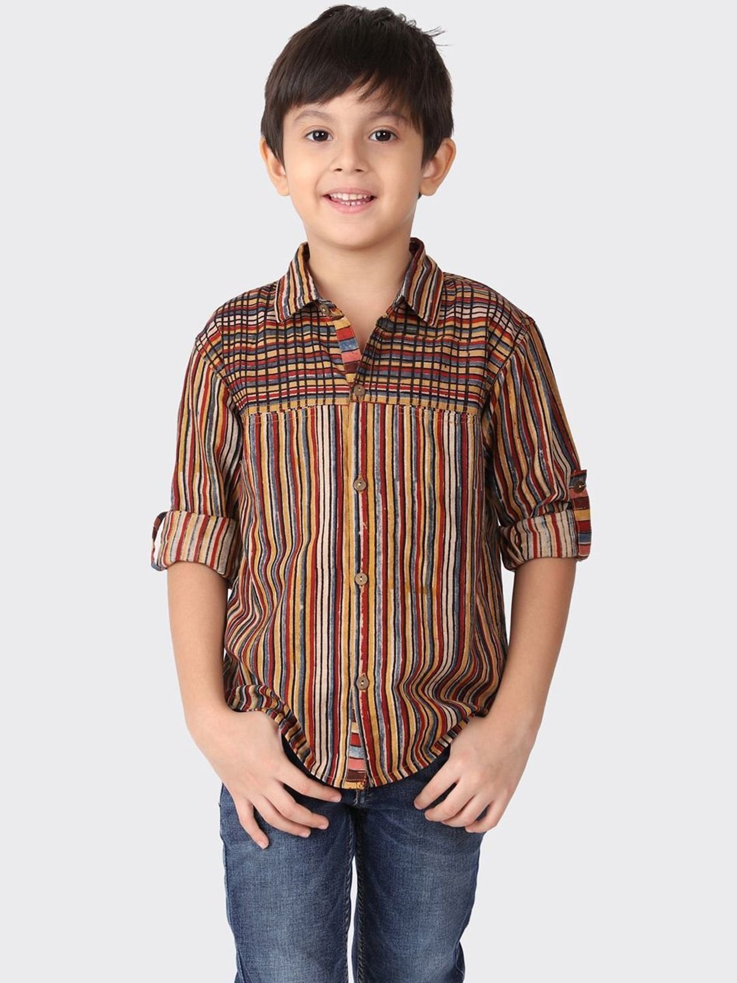Fabindia Kids Brown & Black Cotton Printed Shirt