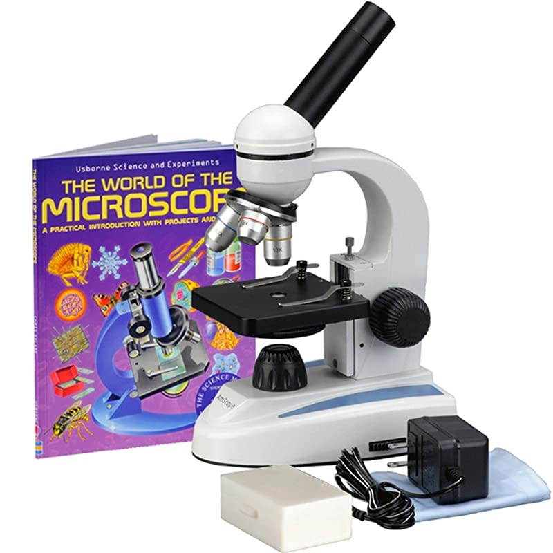 M149C-PB10-WM Compound Monocular Microscope, WF10x and WF25x Eyepieces, 40x-1000x Magnification, LED Illumination, Brightfield, Single-Lens Condenser, Plain Stage, 110V or Battery-Powered, Heavy-Duty