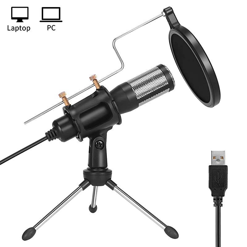 Studio Recording MicrophoneUSB Condenser Podcast MicrophonePlug and Play Desktop Gaming Streaming Microphone with Pop Filter for PcSkypeSingYouTube