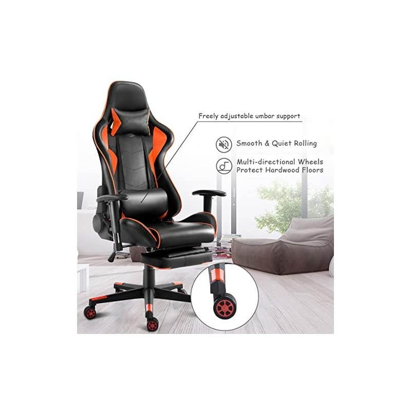 Computer Gaming Chair, Adjustable Massage Gaming Chair w/Footrest and Adjustable Armrests, Ergonomic High Back Racing Chair, Executive Swivel Desk Office Chair with Massage Lumbar (Orange)