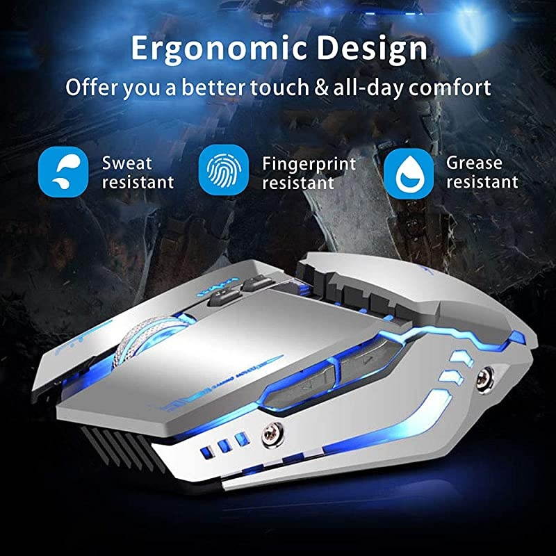 T12 Wireless Gaming Mouse Rechargeable 24G Silent Optical Wireless Computer Mice with Changeable LED Light Compatible with Laptop PC 7 Buttons 3 Adjustable DPI Silver