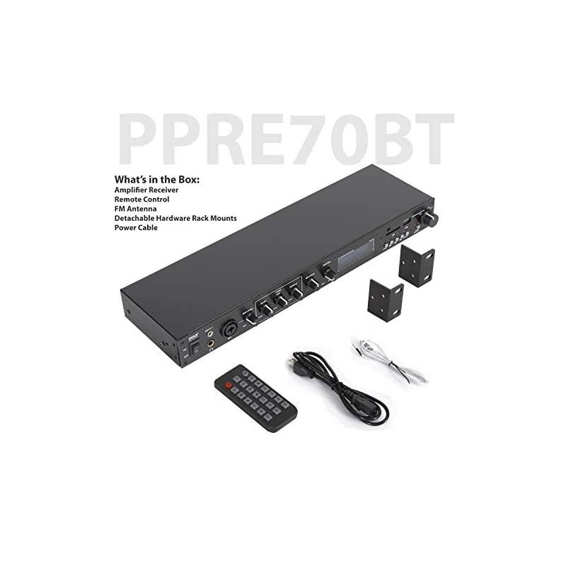 Rack Mount Studio PreAmplifier Audio Receiver System wDigital LCD Display Bluetooth FM Radio Recording Mode Remote Control USB Flash or SD Card Reader Input and Output Jack PPRE70BT