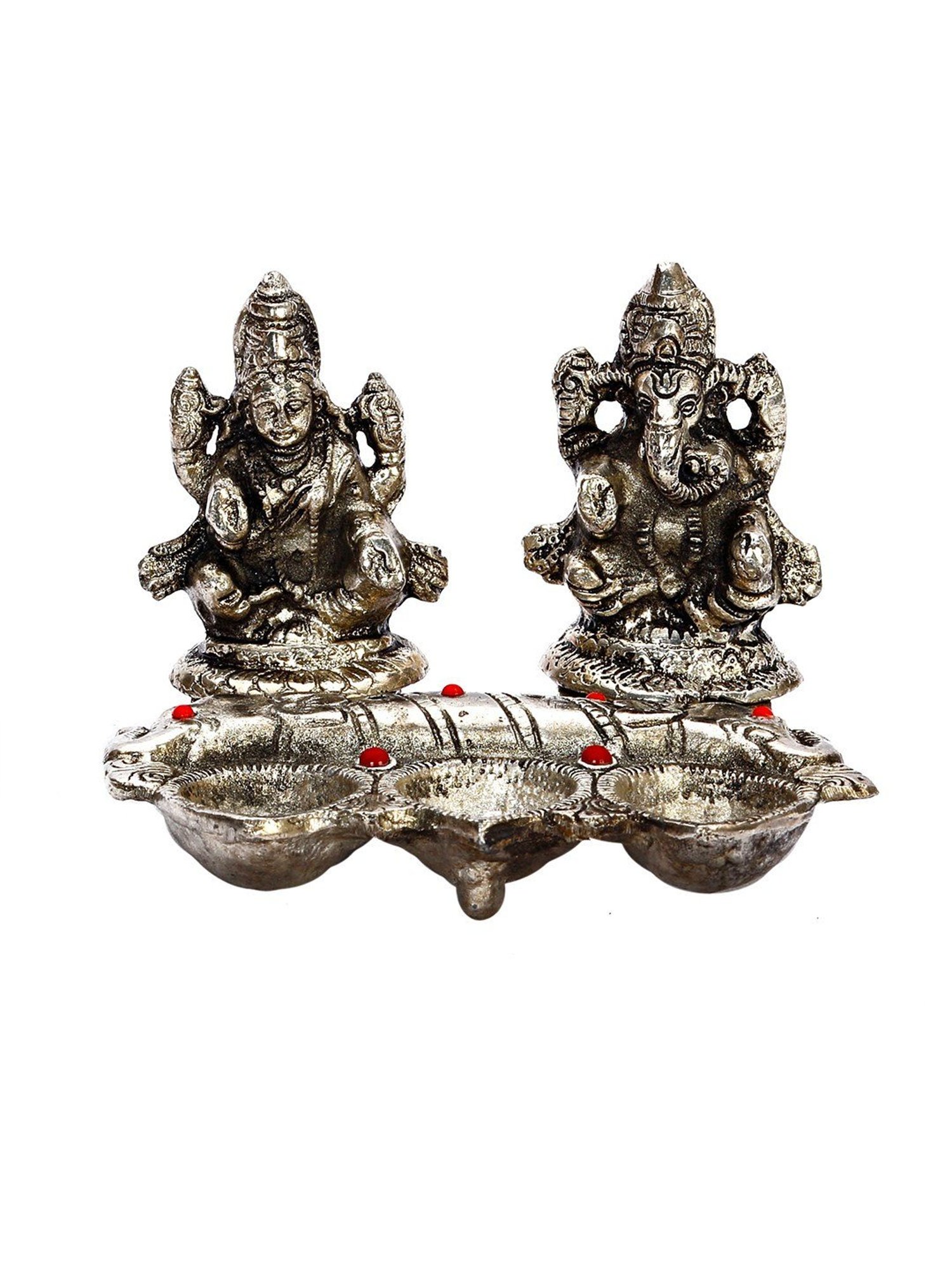 Aapno Rajasthan Silver Metal Laxmi Ganesh with 3 Diyas in front