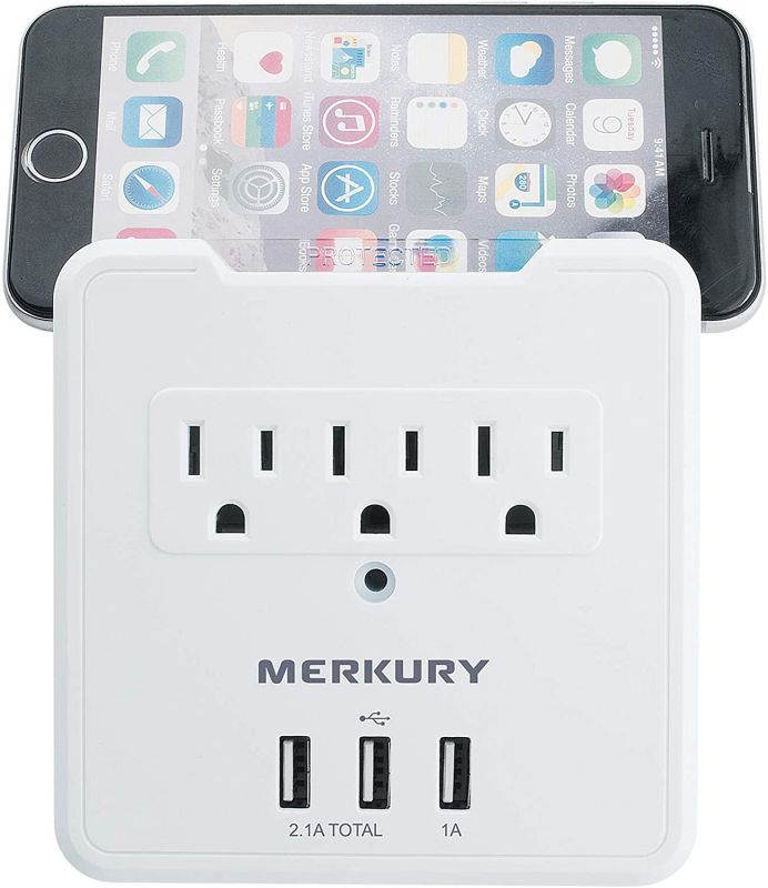 Merkury Innovations 3 AC Outlet and 3 USB 3.1 Amp Rapid Charge Wall Surge Protector and Phone Holder