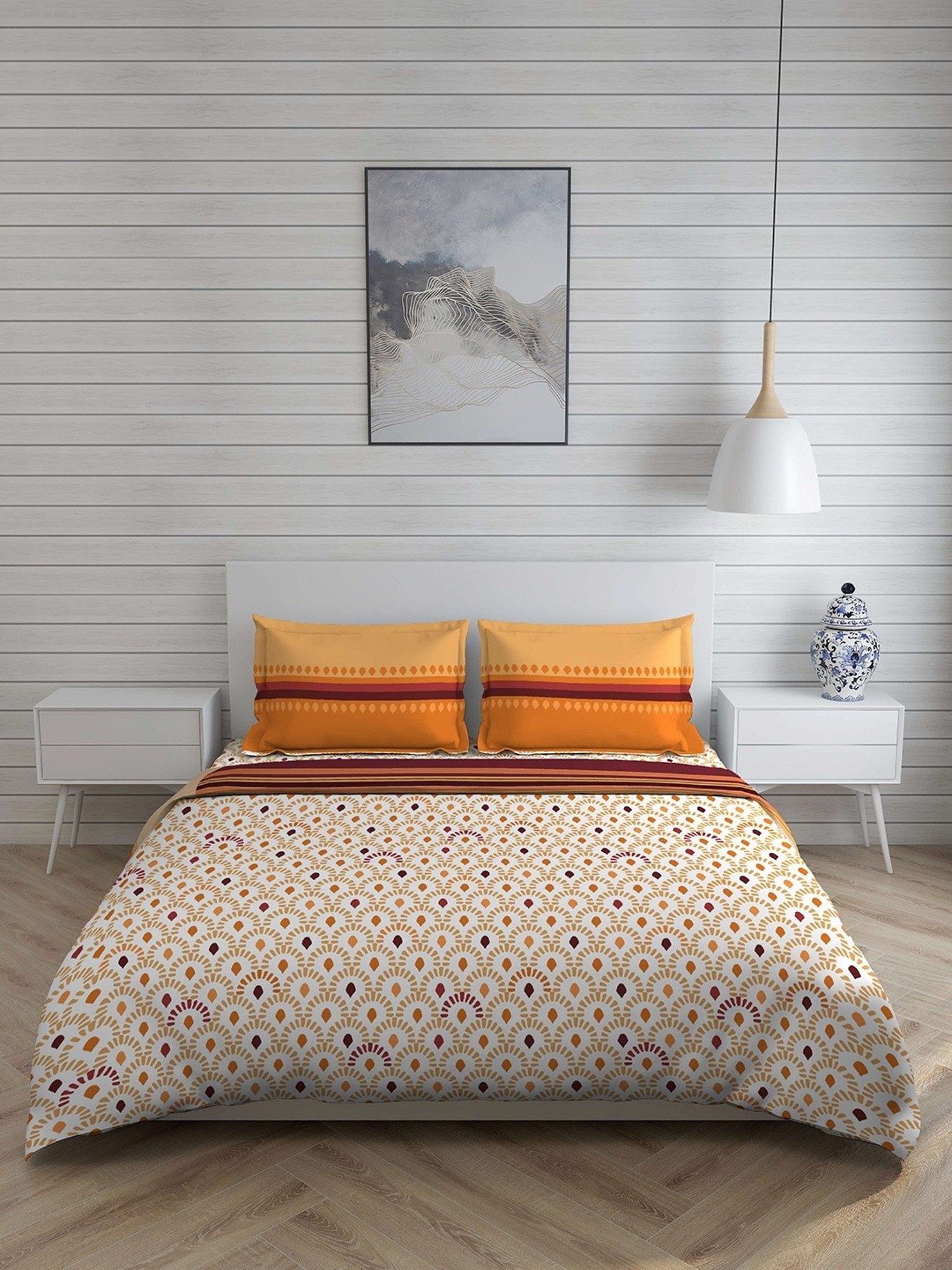 Living Roots Printed Grey 300 TC Cotton Single Diwan - Set of 8