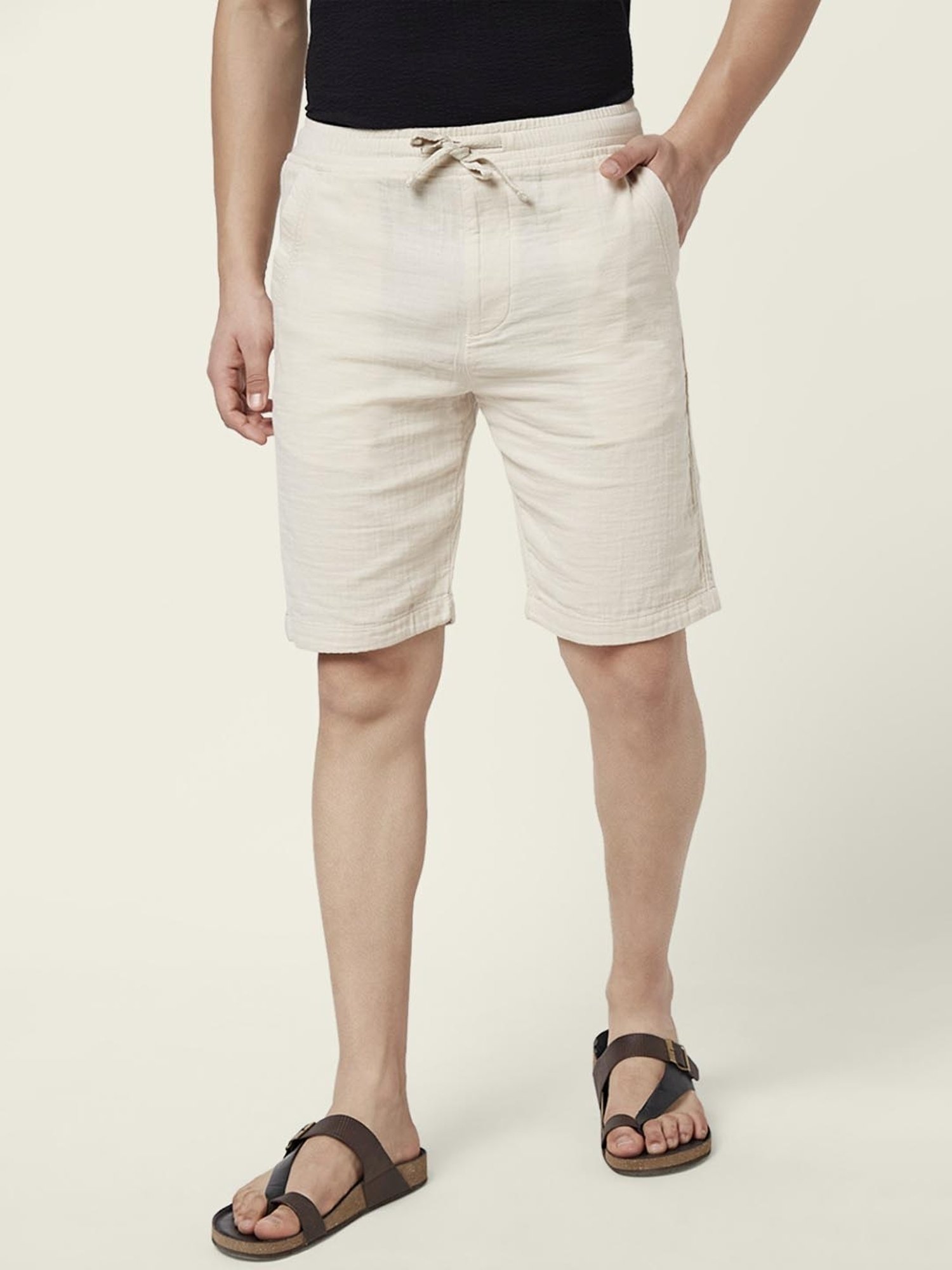 7 Alt By Pantaloons Off White Cotton Slim Fit Texture Shorts