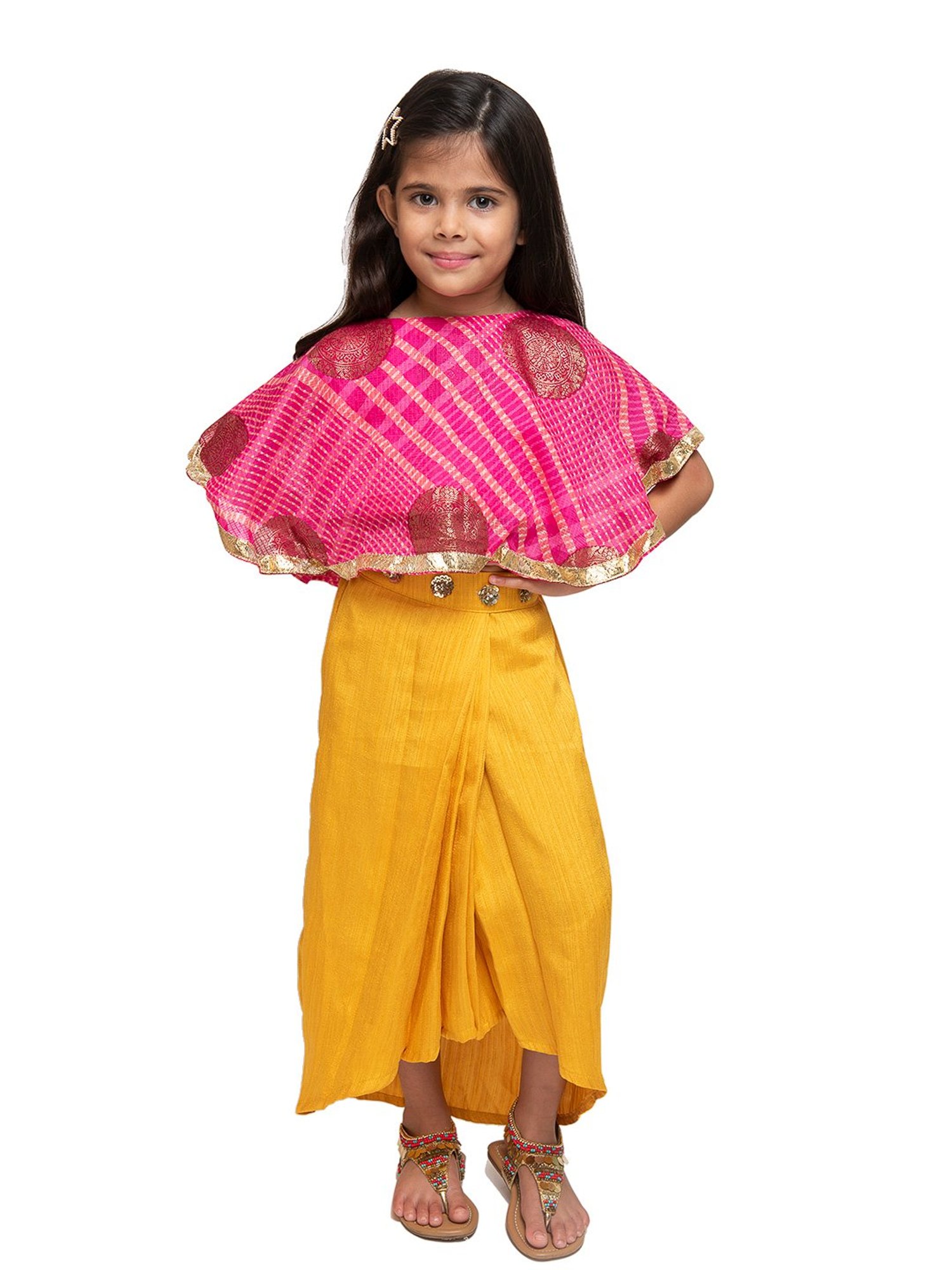 Fairies Forever Kids Pink & Yellow Printed Cape Top With Dhoti Skirt