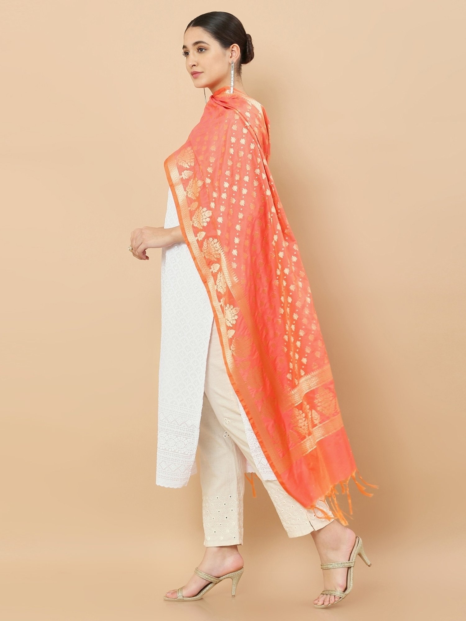 Soch Peach Woven Pattern Dupatta