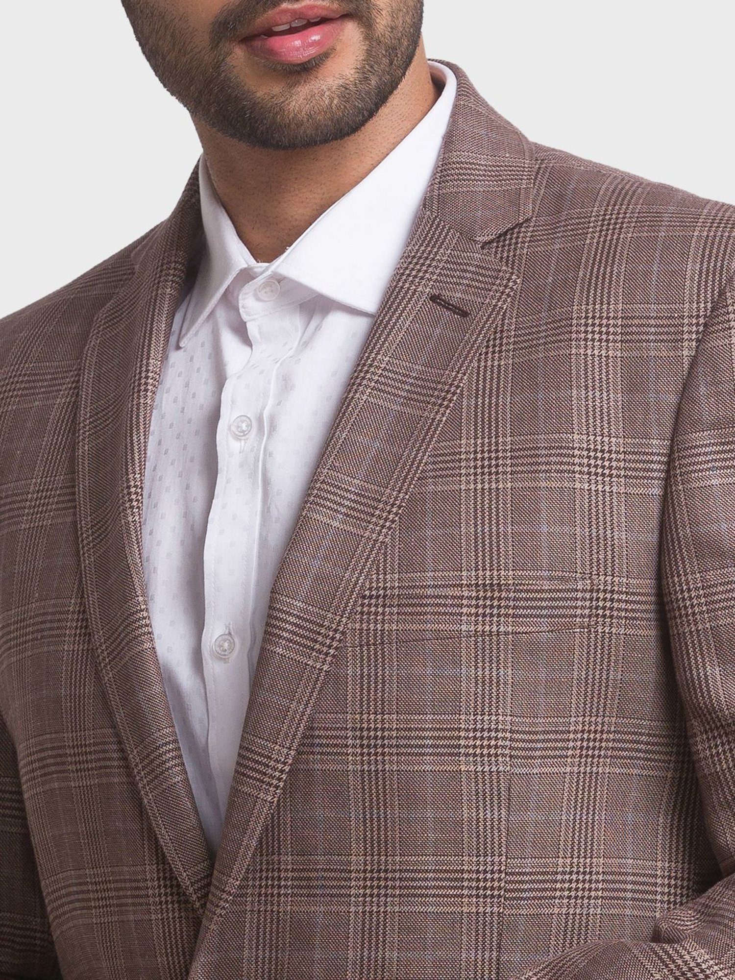 ColorPlus Brown Linen Regular Fit Checks Blazer