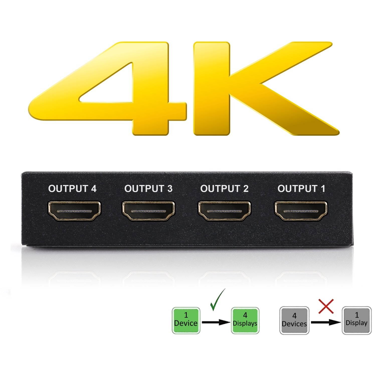 4K HDMI Splitter &ndash; 1 Input Device to 4 Displays &ndash; Save Money by Ditching Extra Cable Boxes - Powerful Signal Transfer Up to 65ft &ndash; Record & Stream Games from PS4, XBOX ONE & more