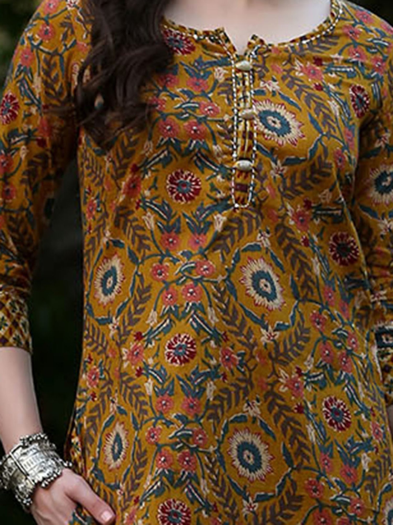 DECKEDUP Mustard Cotton Floral Print Kurta With Pants