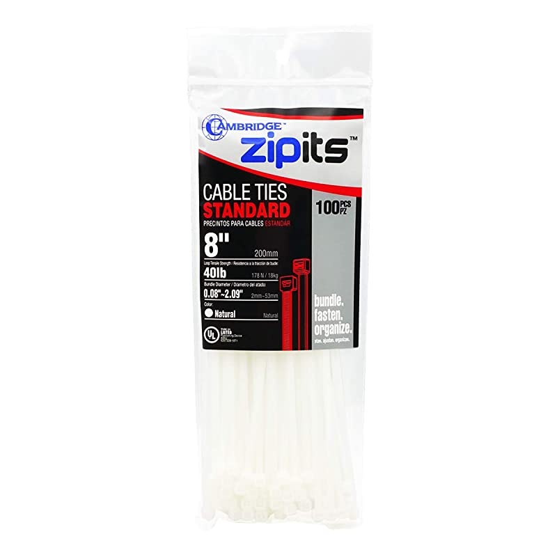 ZipIts Cable Ties 8 Inch 40 Lb Standard Duty Zip Ties 100 Pieces Natural UL Listed Contractor Quality Industrial Strength