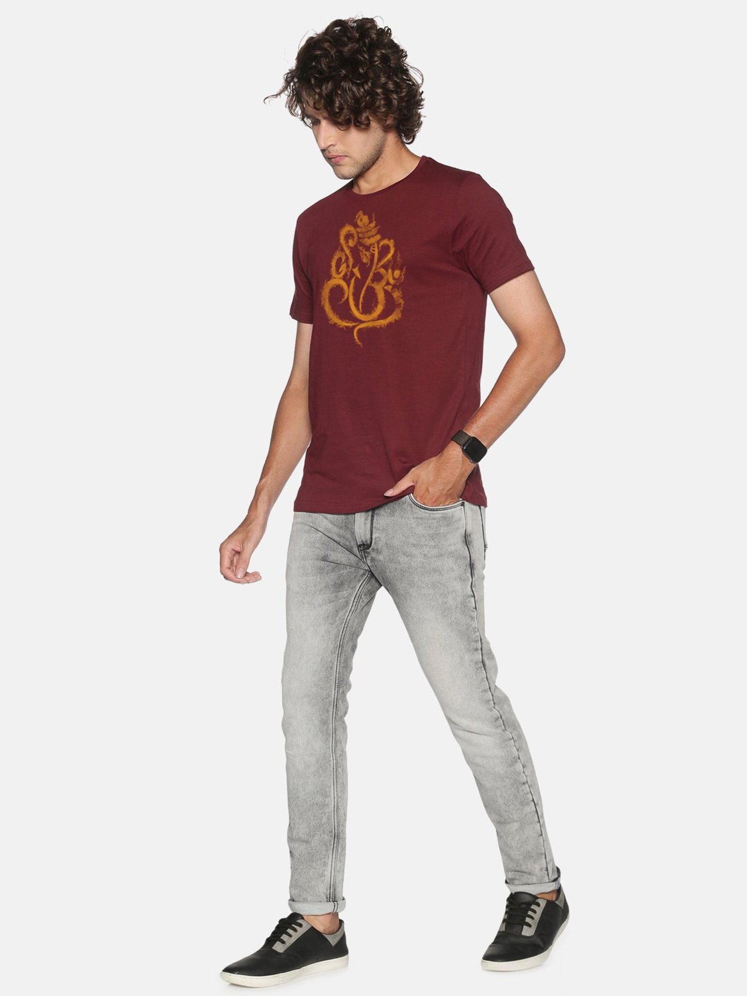 BLACK RADIO Maroon Slim Fit Printed Cotton Crew T-Shirt