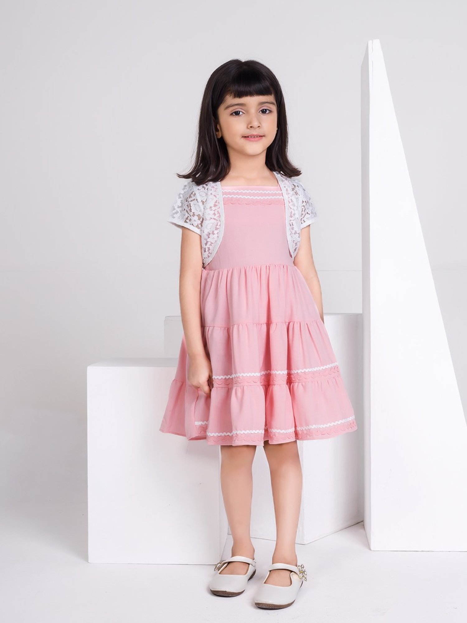 Peppermint Kids White & Light Pink Self Design Dress with Jacket