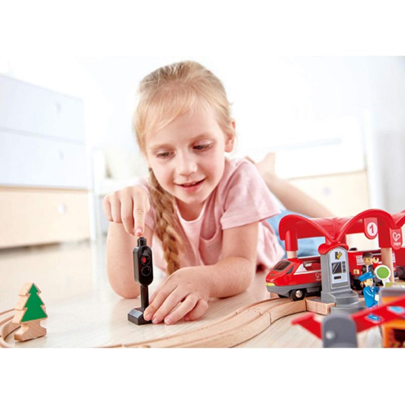 Hape Busy City Themed Magnetic Kids Toddler Play Freight Train Railway Station Toy Set with Passenger Train, Fright Train, and Station