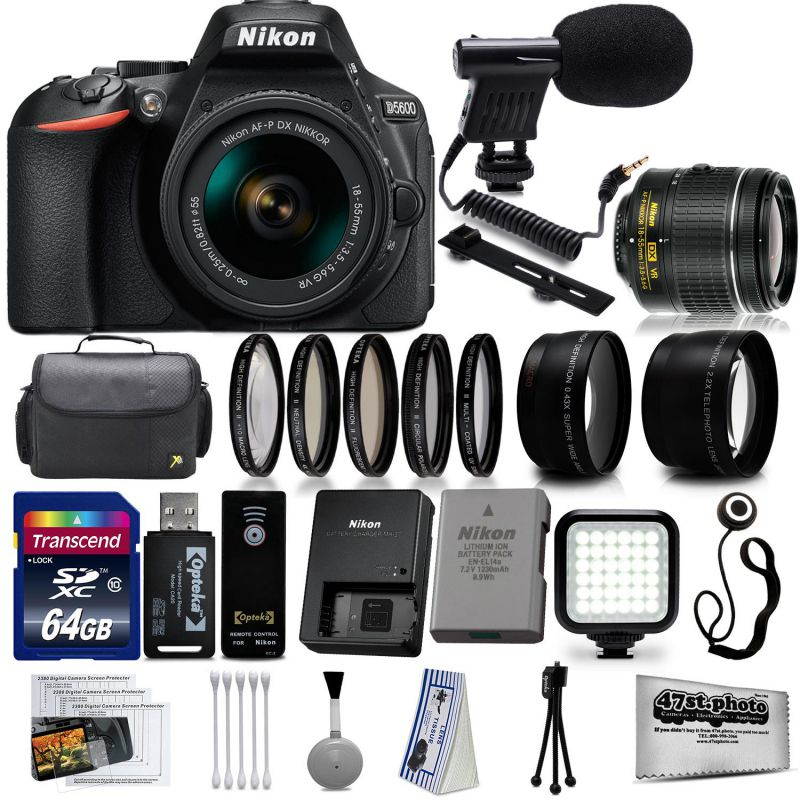 Nikon D5600 Digital SLR Camera Black with 18-55mm + 64GB 25PC Accessory Video Bundle Kit