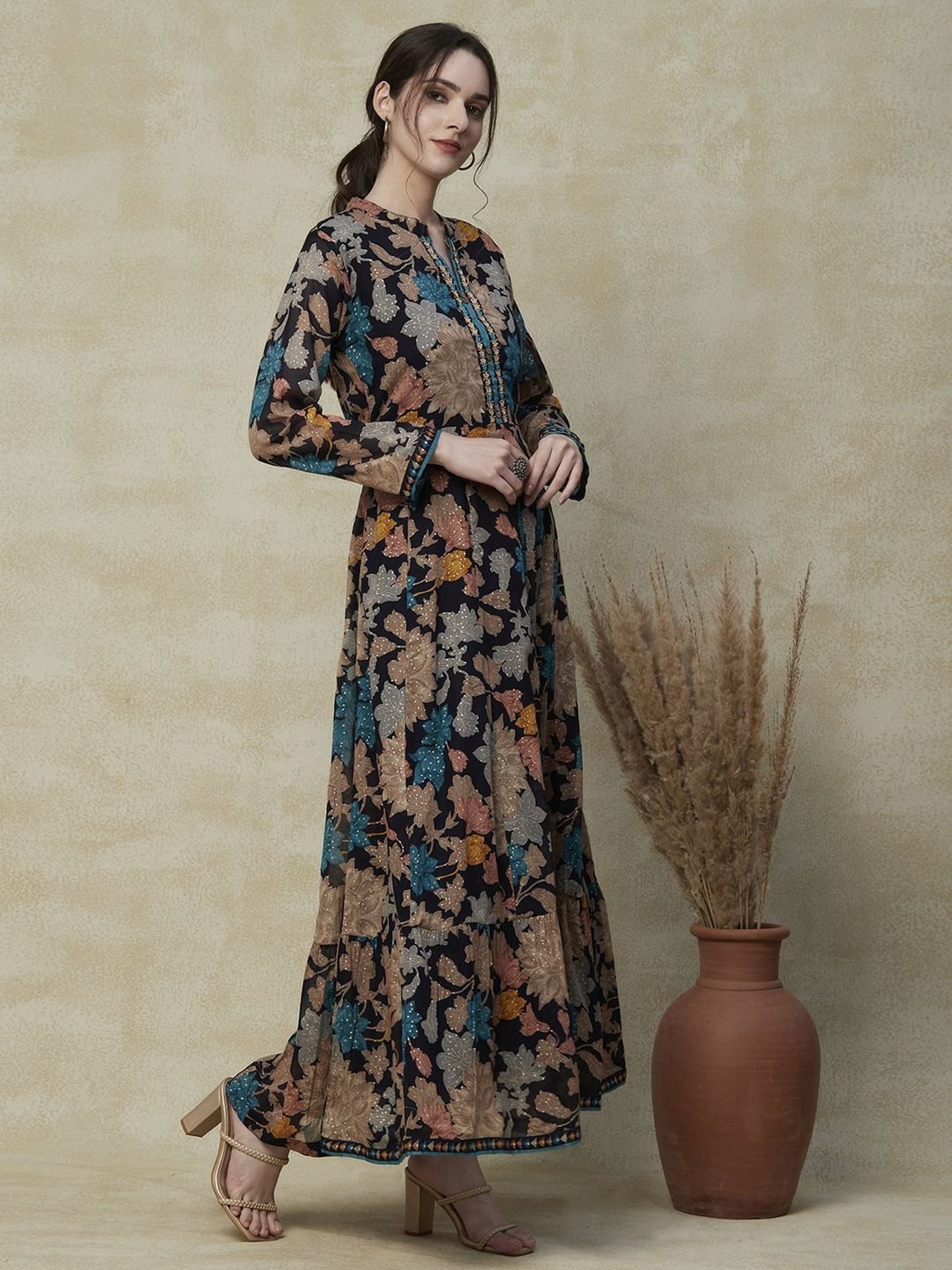 Fashor Navy Cotton Printed Maxi Dress