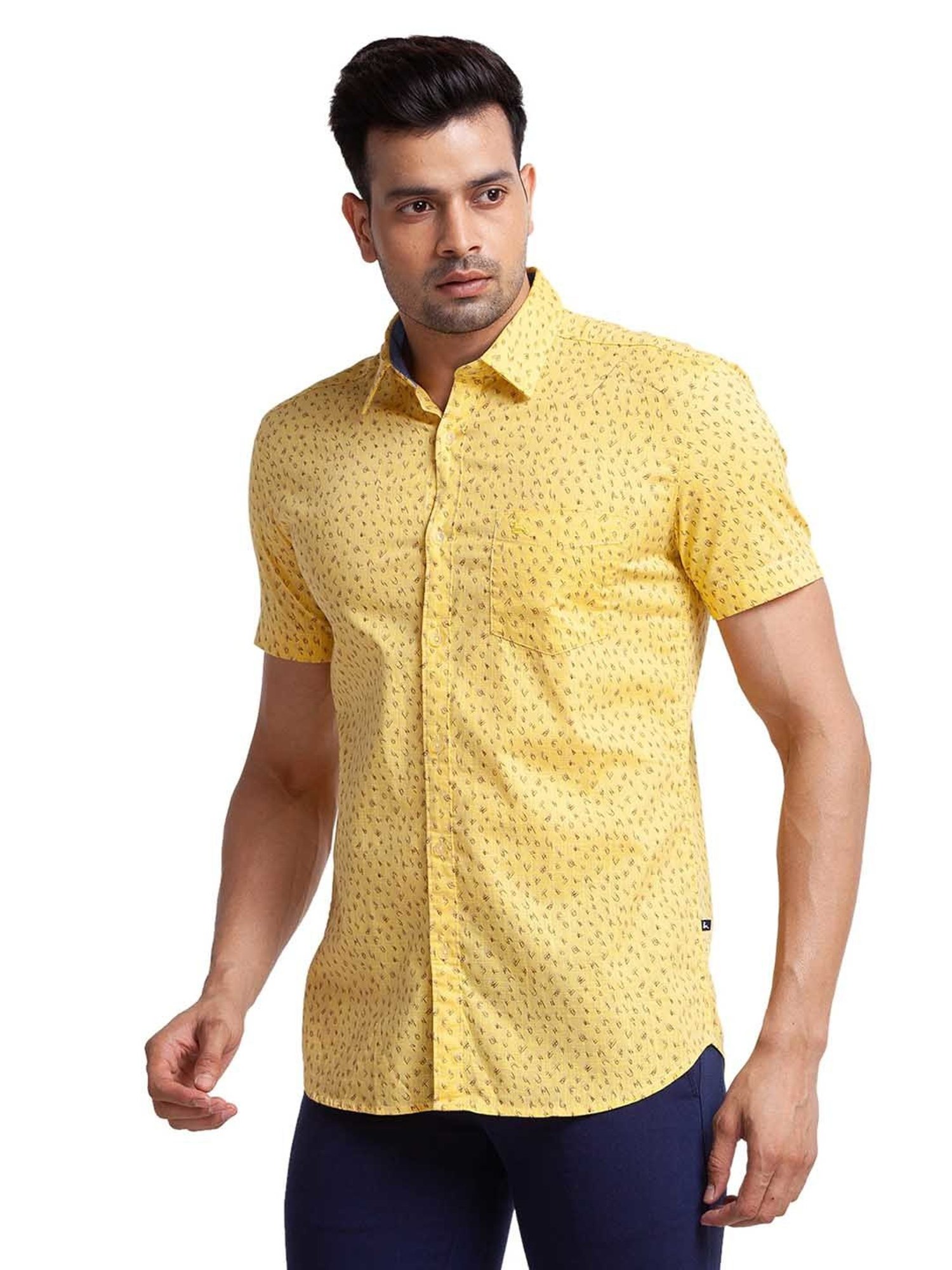 Parx Yellow Slim Fit Printed Shirt