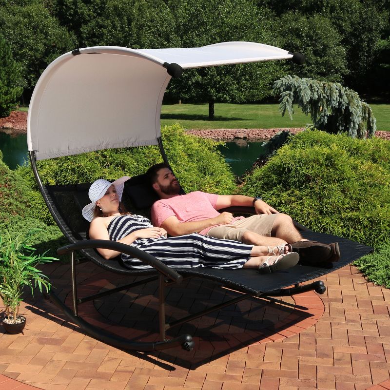 Sunnydaze Outdoor Double Chaise Lounge Bed with Canopy Shade and Headrest Pillows, Black