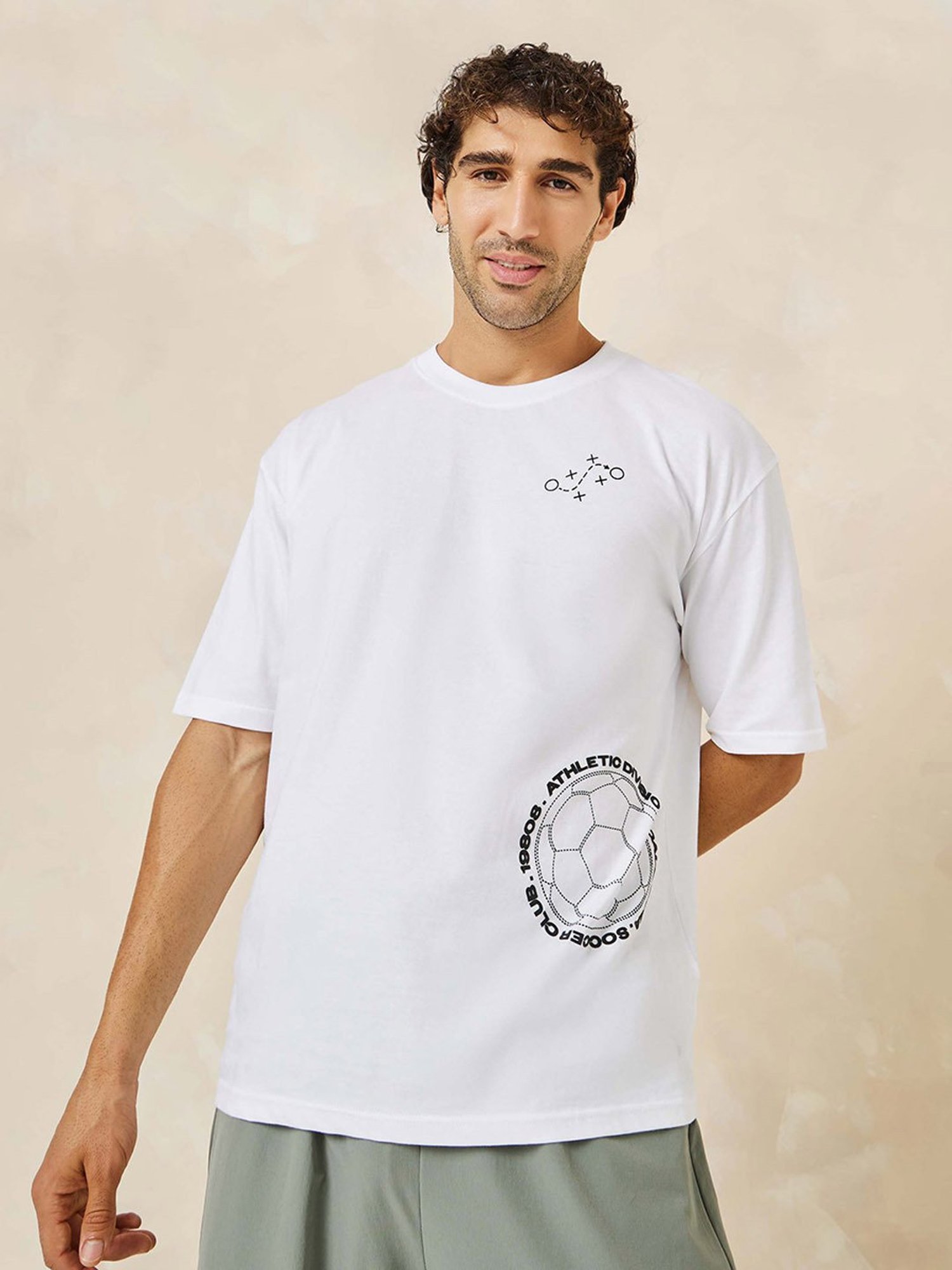 Styli White & Black Cotton Relaxed Fit Printed T-Shirt