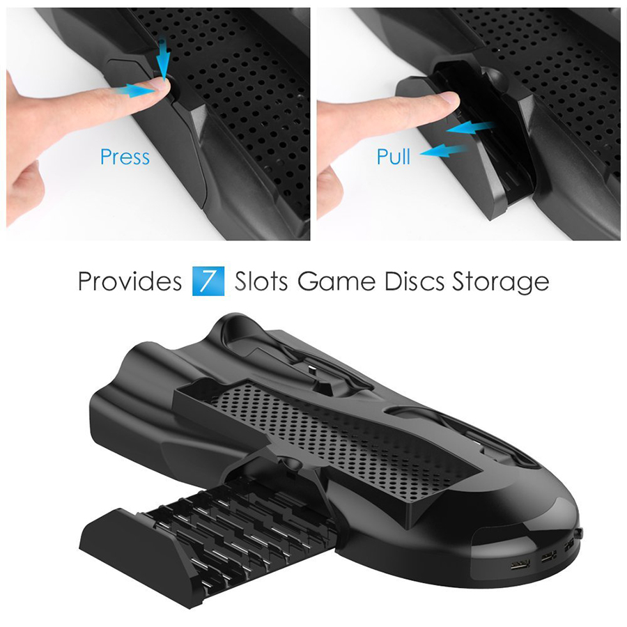 HaiBlue 5 in 1 Vertical Stand for Xbox One X Cooling Fan with Controller Charger Charging Station Game Discs Storage and 3 USB Ports