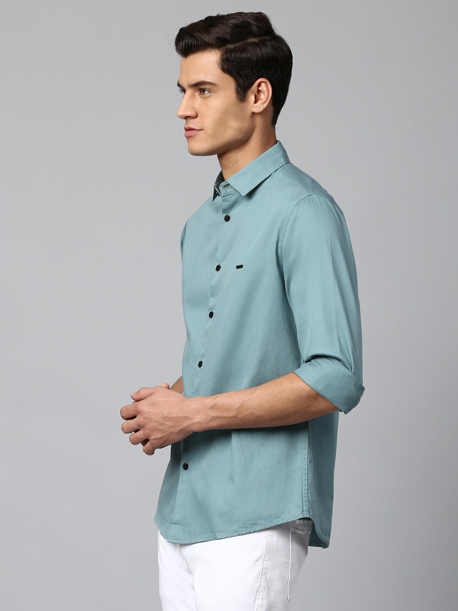 Dennis Lingo Dusty Teal Cotton Slim Fit Shirt