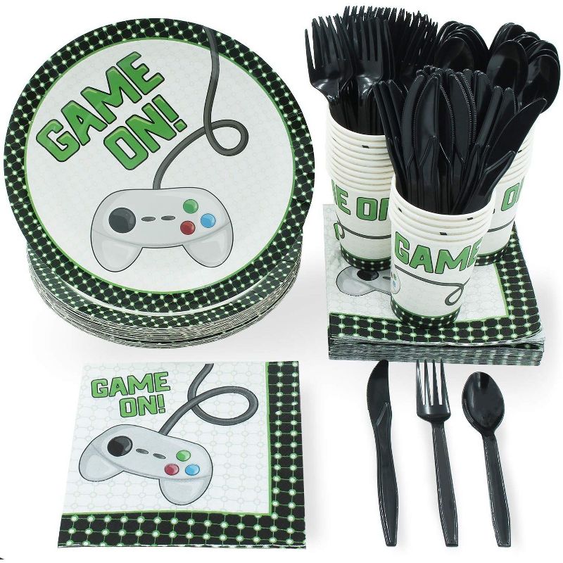 144 Piece Video Game Birthday Party Supplies - Serves 24 Game On Theme for Gamer Night, Boys, Kids, Comes with Paper Plates, Napkins, Cups and Cutlery