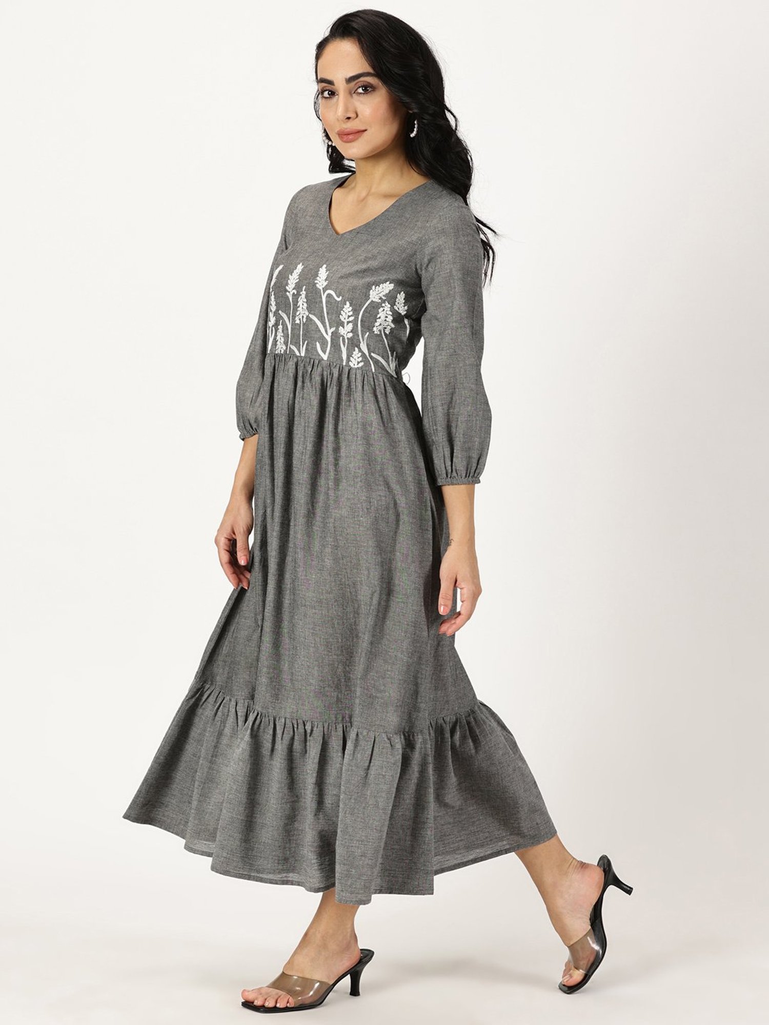 Saffron Threads Grey Cotton Embroidered Ethnic Dress