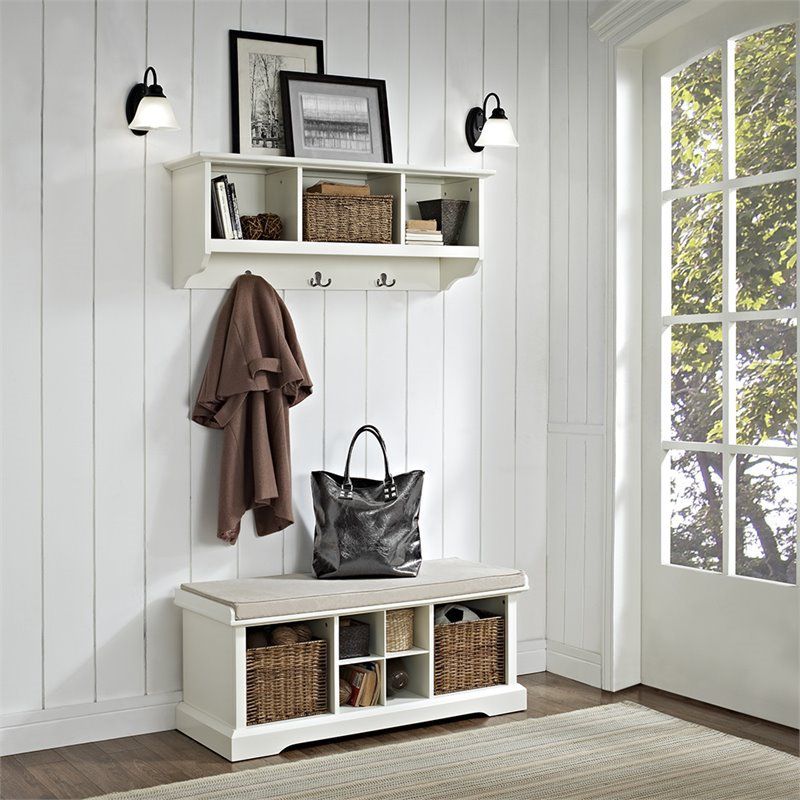 Steel 2 Piece Entryway Bench and Shelf Set in White-Bowery Hill