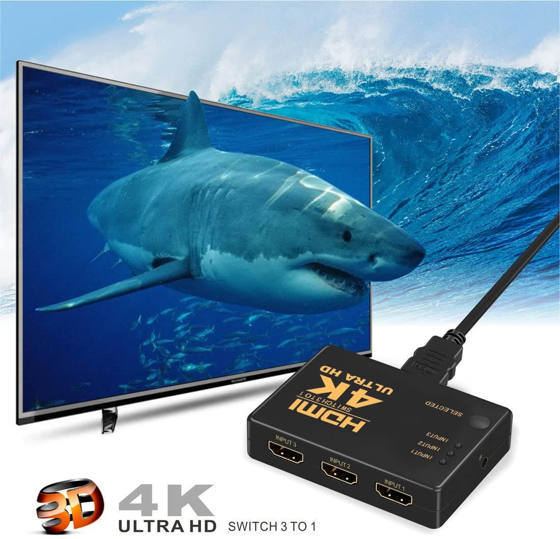 HDMI Switch 4K, Aigrous Intelligent 3-Port HDMI Switcher, Splitter, Supports 4K, Full HD1080p, 3D with IR Remote