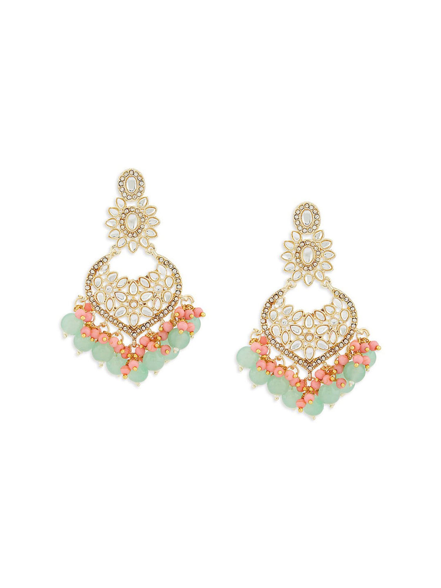 Zaveri Pearls Green & Pink Cluster Beads Kundan Ethnic Drop Earrings-ZPFK13547