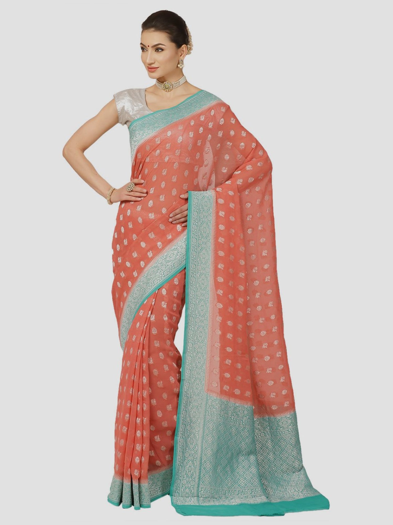 Banarasi Silk Works Peach Woven Saree With Unstitched Blouse