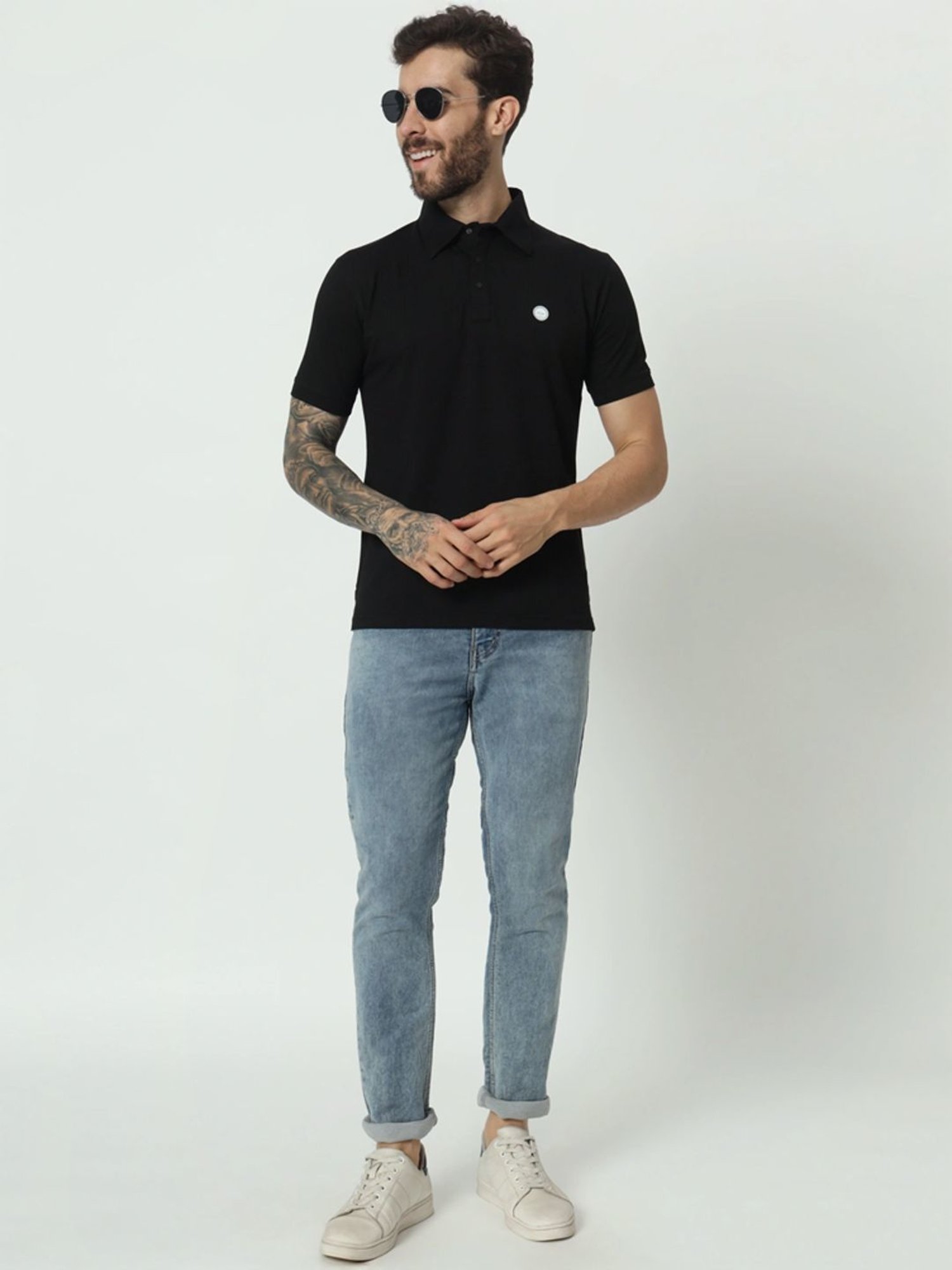 Tab91 Black Regular Fit Self Pattern Polo T-Shirts