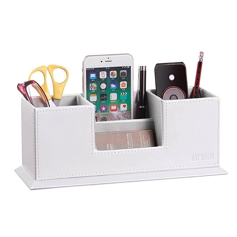 PU Leather Desk Organizer with 4 Compartments, Card/Pen/Pencil/Mobile Phone Stand Office Supplies Holder Desktop Remote Caddy, Home and College Dorm Decor Accessories Storage Box for Women