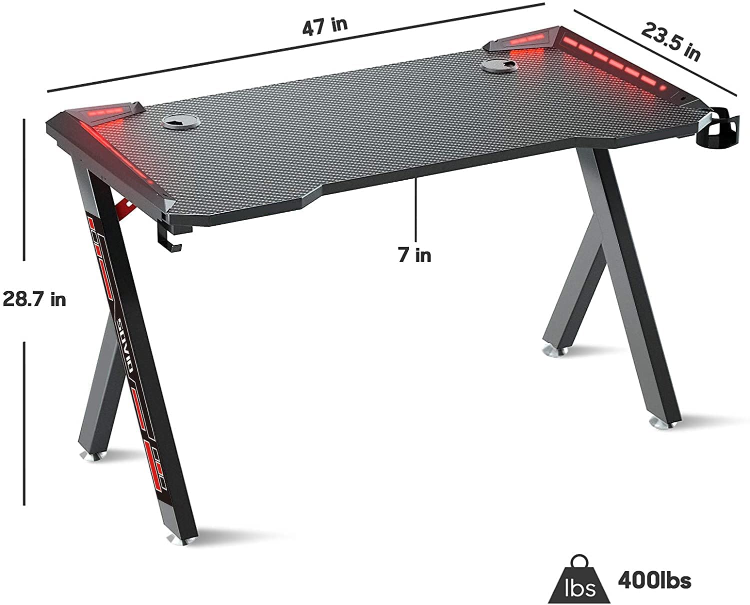 Gaming Desk with LED RGB Lights 47 Inch PC Computer Desk Home Office Desk Y Shaped Gamer Setup Accessories for Sons' Gift Game Table with Gamer Handle Rack, Cup Holder & Headphone Hook Black