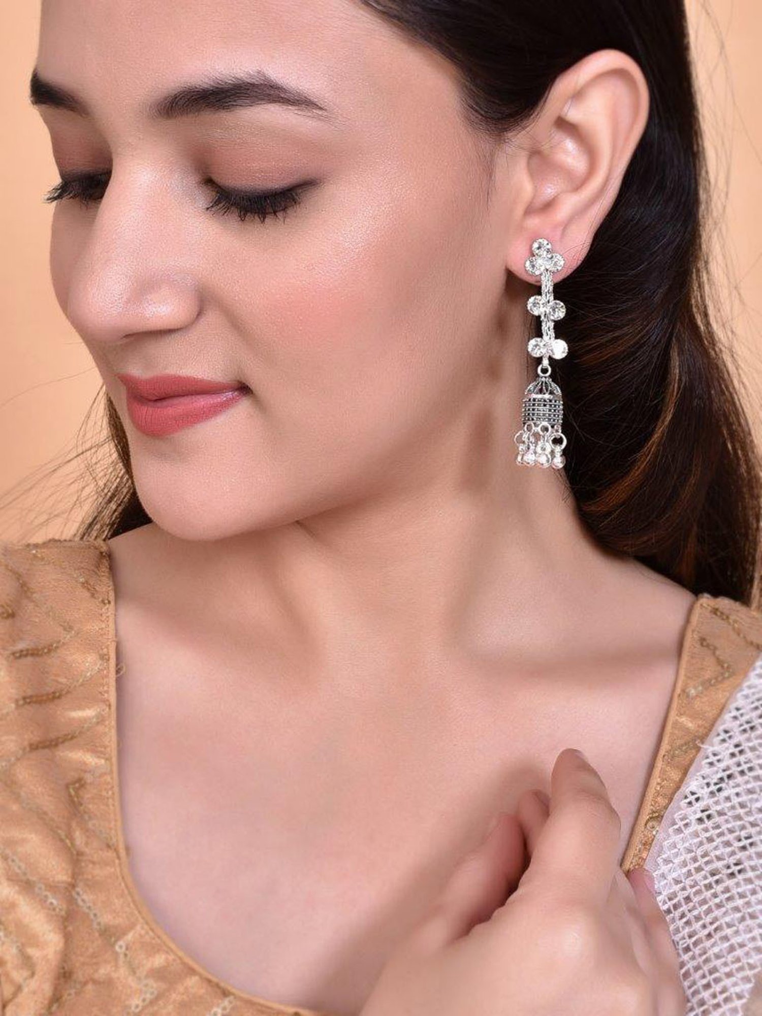 VOJ Studded Oxidised Silver Plated Contemporary Drop Earrings for Women