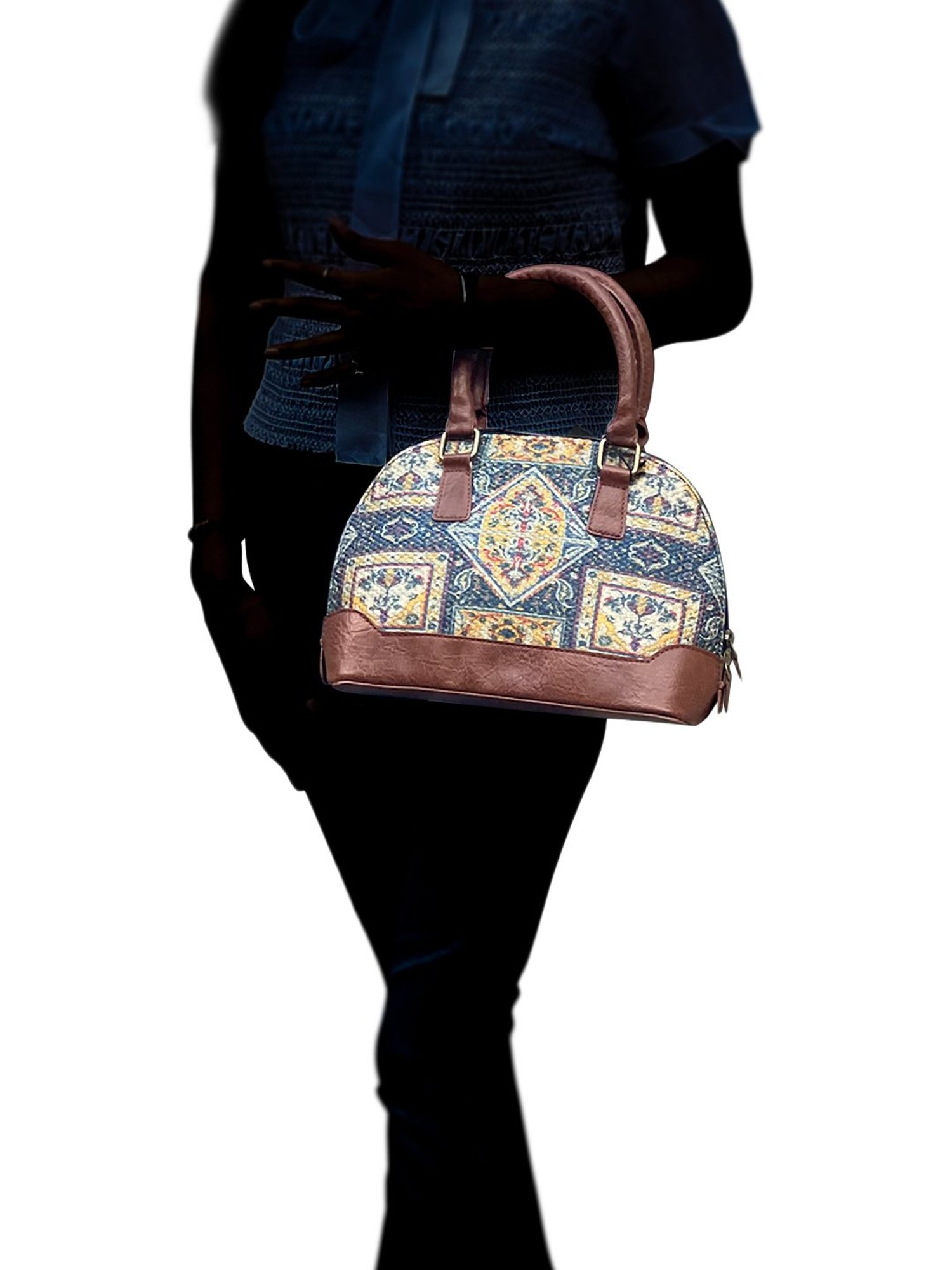 Mona B Blue Printed Medium Handbag